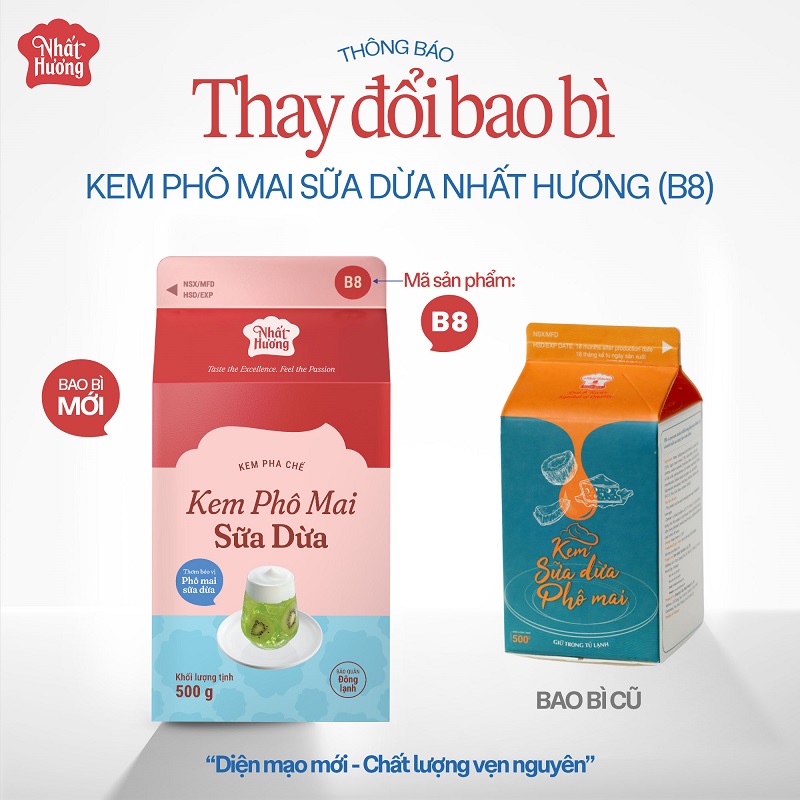 Kem Phô Mai Sữa Dừa Nhất Hương - B8 (500 g) 1 thay doi bao bi kem sua dua Kem Phô Mai Sữa Dừa Nhất Hương - B8 (500 g)
